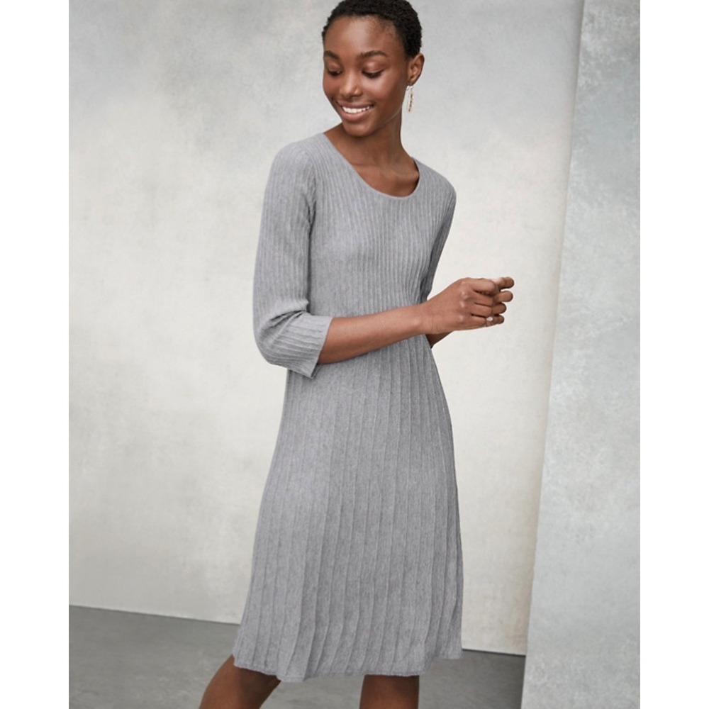 Eileen Fisher Petite Washable Wool‎ Rib Release Pleat Dress Knit Midi Sz PP